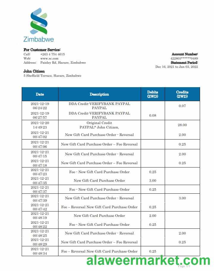 Zimbabwe Standard Chartered Bank statement